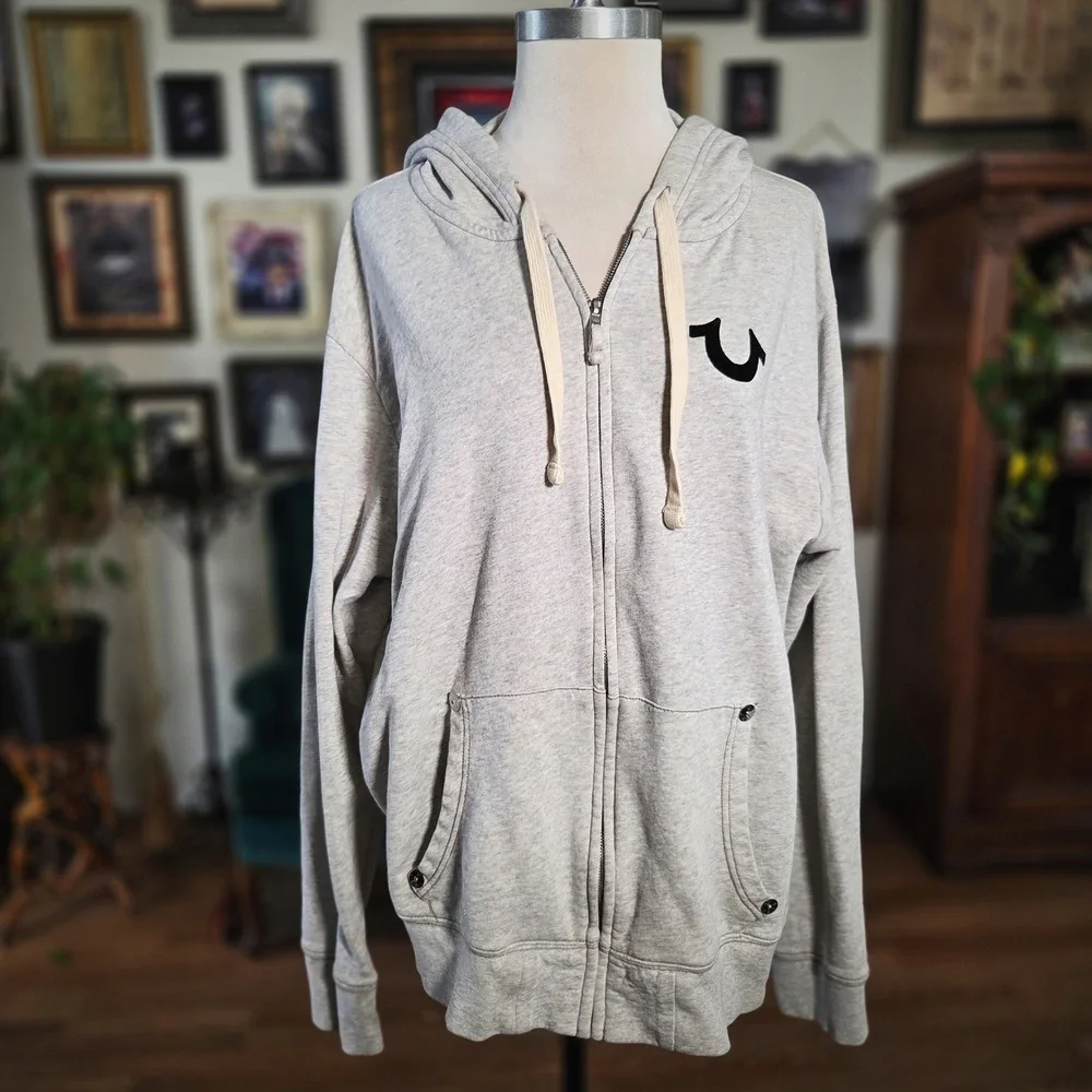 True Religion‎ Zip Up Hoodie Mens 3XL Grey World Tour Buddha Logo Distressed Y2K